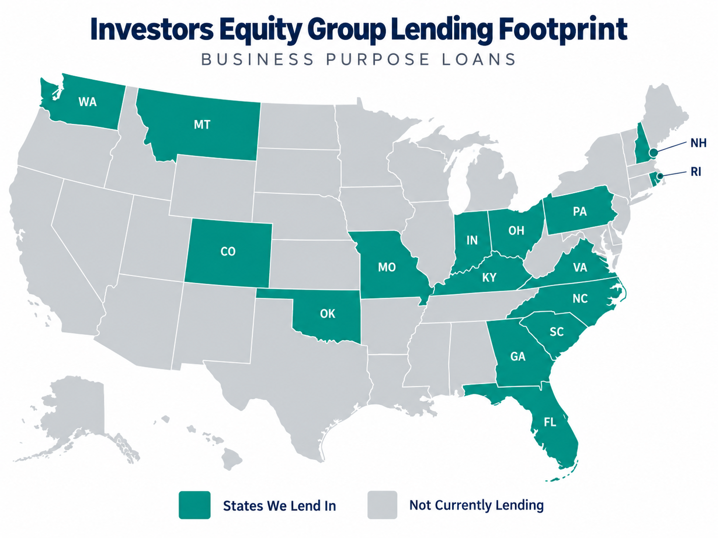 Map of the United States showing the 16 states Investors Equity Group lends in: Colorado, Florida, Georgia, Indiana, Kentucky, Missouri, Montana, New Hampshire, North Carolina, Ohio, Oklahoma, Pennsylvania, Rhode Island, South Carolina, Virginia, Washington.